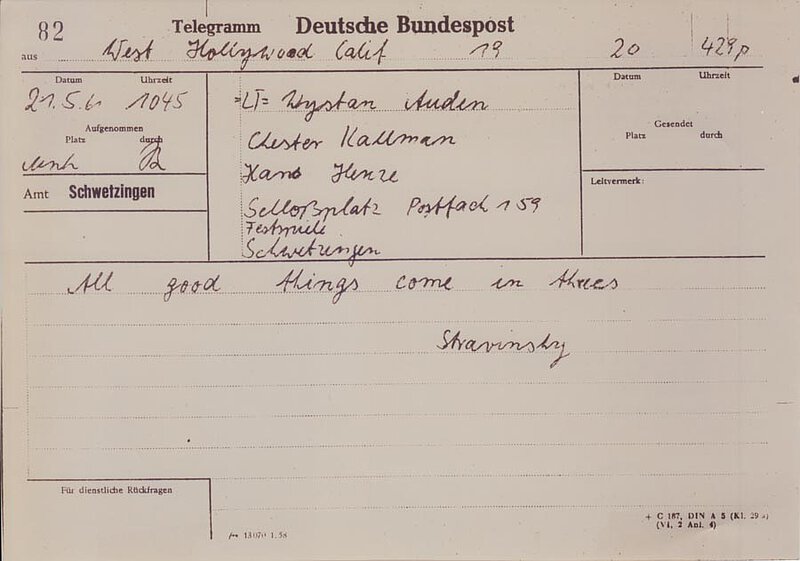 Telegramm von Igor Strawinsky an Hans Werner Henze, 20. Mai 1961