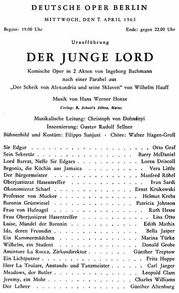 Besetzungszettel der Uraufführung von "Der Junge Lord", Deut...